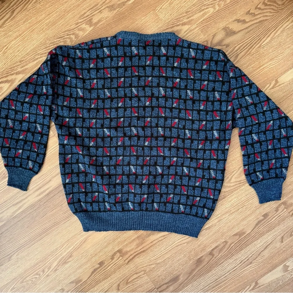Renzo Y2K Men's Blue and Red Geometric Patterned Wool Sweater XL Made in Italy‎